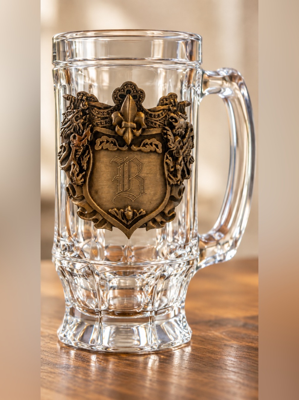 SAHM Clear Glass Beer Stein B Monogram Ornate Metal Crest Tankard Mug